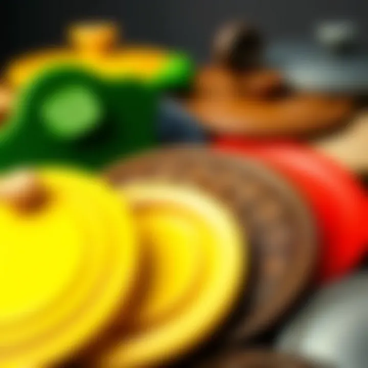 Various materials used for pot lids displayed side by side