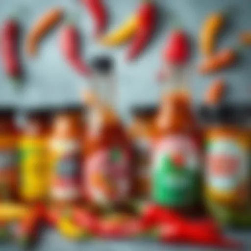 A vibrant display of various chili pepper sauces showcasing their diverse colors and textures.