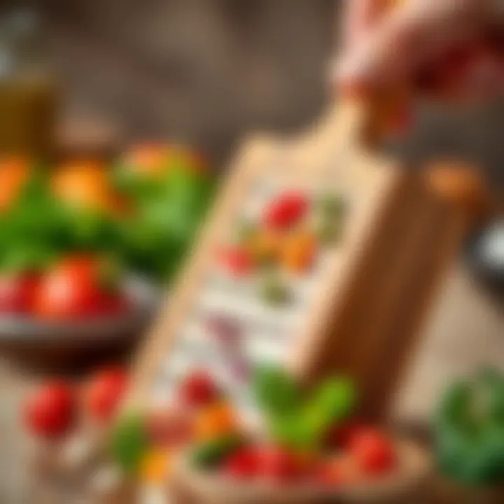 Wooden Grater with Fresh Ingredients Close-up of a wooden grater in action with fresh ingredients
