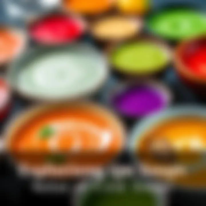 Exploring Colors and Textures of Cold Soups An array of bowls featuring different types of cold soups, highlighting their unique colors and textures.