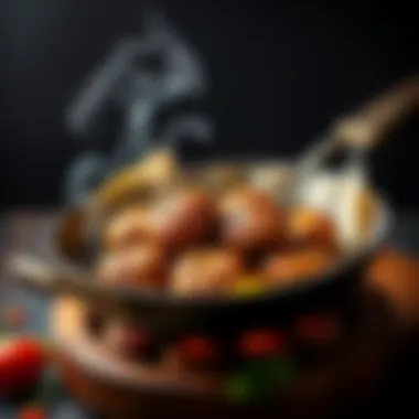 Sizzling Köfte in Pan An elegant frying pan with köfte sizzling inside, releasing savory aromas