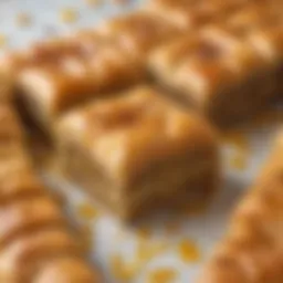 A close-up view of a rich and flaky baklava piece drizzled with honey