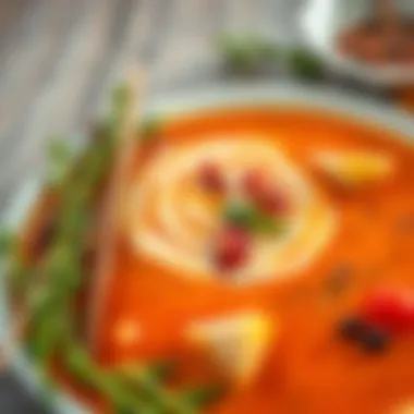 Artistry in Cold Soup Presentation A close-up of a beautifully presented bowl of cold soup garnished with herbs and spices.
