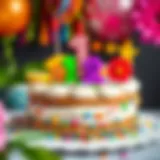 Delicious birthday cake adorned with colorful decorations.