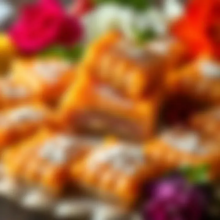 A beautifully arranged platter of Burma Baklava showcasing its intricate layers and golden hue.