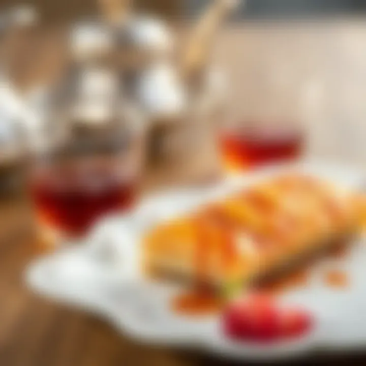 A finished dish of Burma Baklava drizzled with syrup, invitingly placed next to traditional Turkish tea.