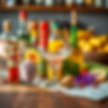 Cocktail Ingredients Display Artfully arranged cocktail ingredients on a wooden table