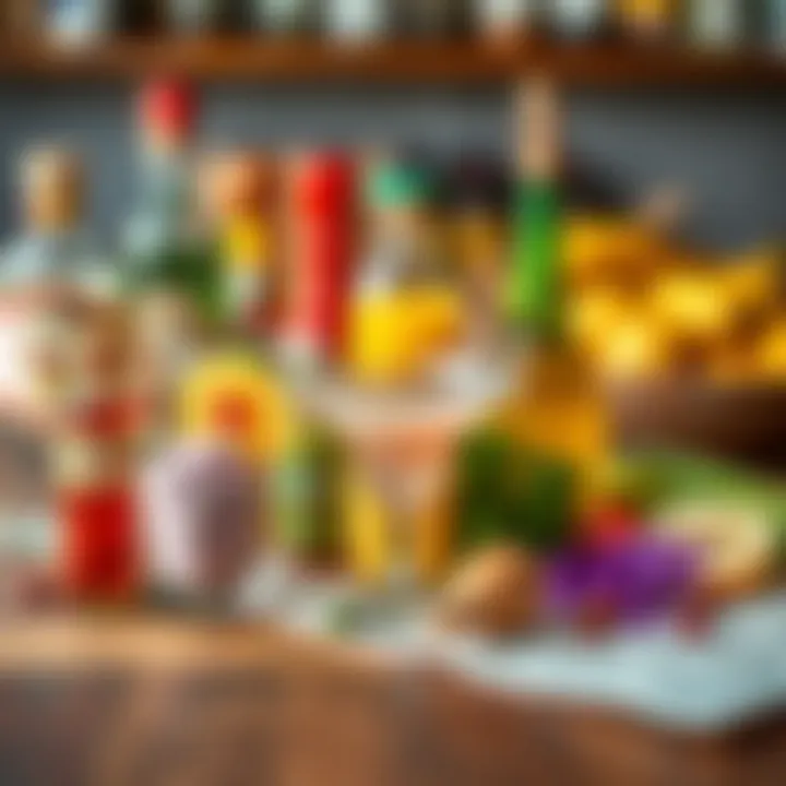 Cocktail Ingredients Display Artfully arranged cocktail ingredients on a wooden table