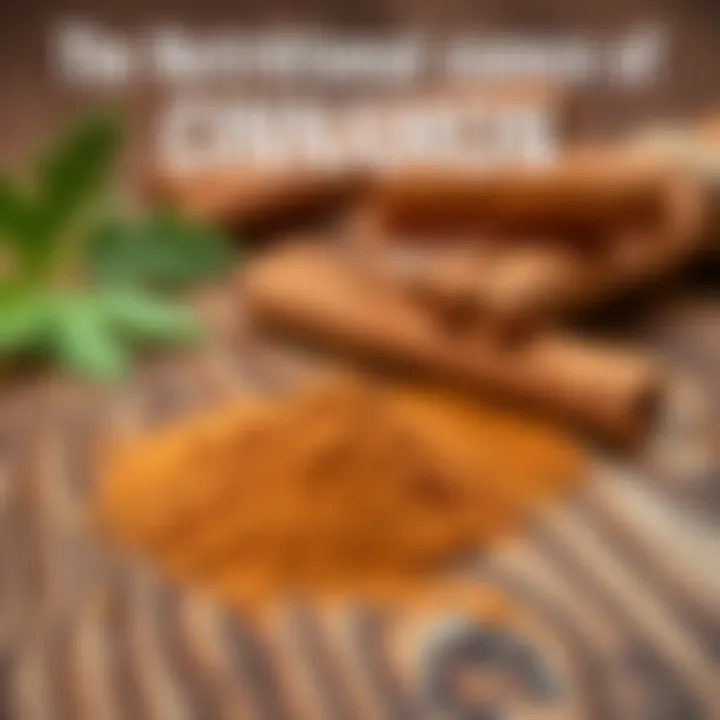 A close-up of powdered cinnamon on a wooden surface