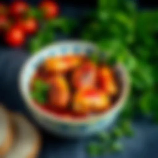 A vibrant bowl of crispy chicken sauce with fresh herbs