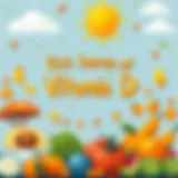 Illustration representing vitamin D sources including sunlight and foods