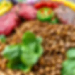 A vibrant assortment of iron-rich foods including spinach, lentils, and red meat