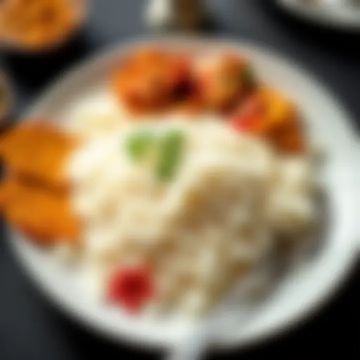 Elegant Serving of Duru Basmati Rice Elegant plate of Duru Basmati rice served with traditional Indian dishes.