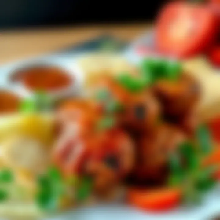 An enticing close-up of çiğ köfte garnished with fresh herbs and served with a side of sauces.