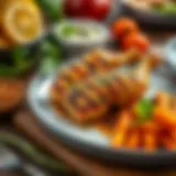 A beautifully plated dish featuring grilled chicken with herbs and spices