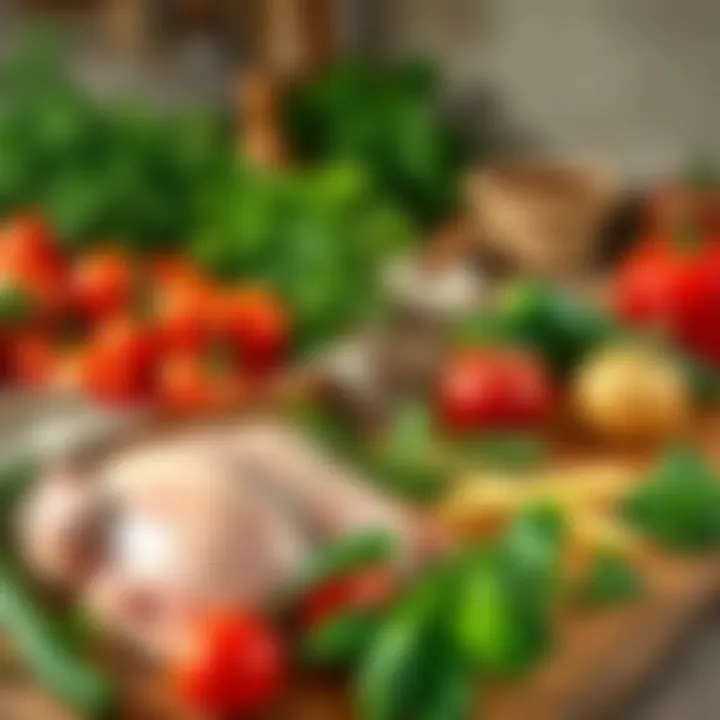 A rustic kitchen setting with fresh vegetables and herbs beside raw chicken