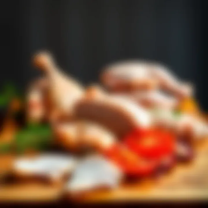 A variety of chicken cuts on a wooden cutting board showcasing different parts