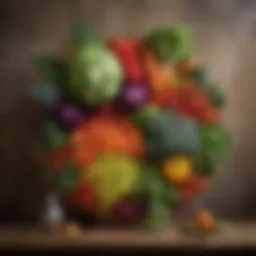 Fresh organic vegetables arrayed artfully on a rustic kitchen table