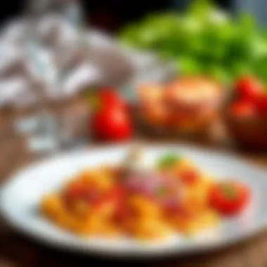 A serving of baked pasta elegantly presented on a plate