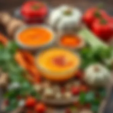 Ingredients for Traditional Cold Soups Fresh ingredients laid out for creating authentic Turkish cold soups, showcasing herbs and vegetables.