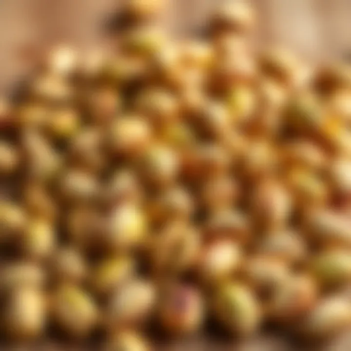 A collection of fresh pistachios with shells on a wooden surface