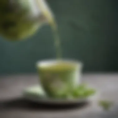 Pouring Perfection A close-up of green tea being poured into a delicate porcelain cup.