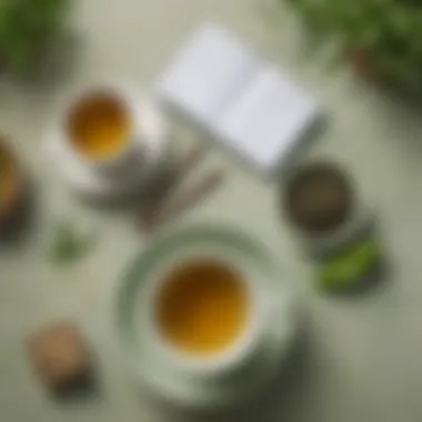 An elegant setup of green tea with a timer and a notebook for jotting down health benefits.