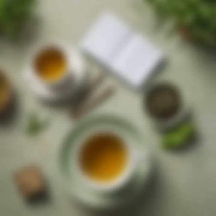An elegant setup of green tea with a timer and a notebook for jotting down health benefits.