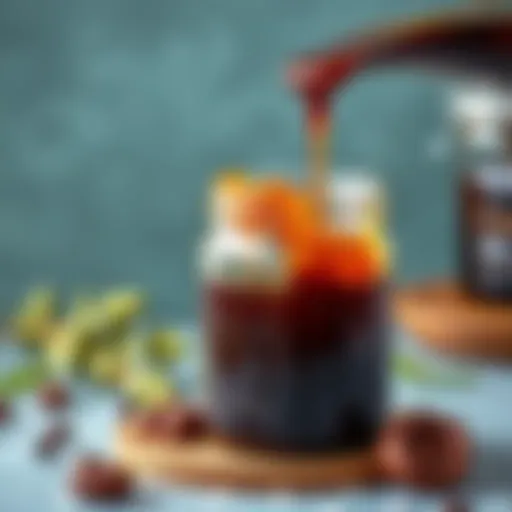 Close-up of carob molasses pouring from a jar