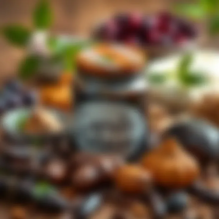 Natural ingredients surrounding a jar of carob molasses