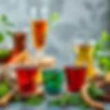 A vibrant selection of herbal teas displayed in elegant glassware
