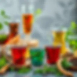A vibrant selection of herbal teas displayed in elegant glassware