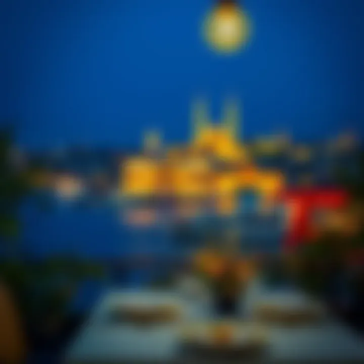 Historic peninsula illuminated at night from a restaurant terrace