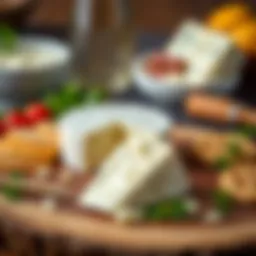 A close-up of creamy goat cheese on a wooden platter