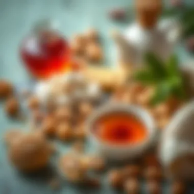 Essential Ingredients for Kıbrıs Tatlısı Ingredients laid out for preparing Kıbrıs tatlısı, featuring nuts and syrup