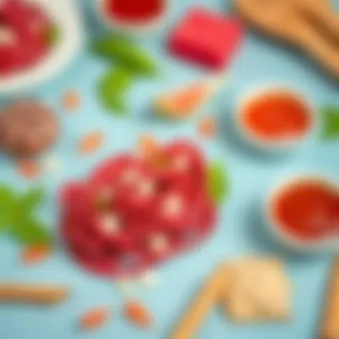 Artistic Arrangement of Red Velvet Pasta An artistic arrangement of red velvet pasta with complementary sauces.