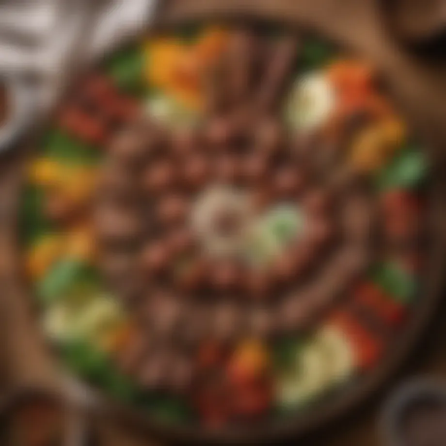 A beautifully arranged platter of Köfteci Yusuf köfte showcasing its rich texture and vibrant garnishes.