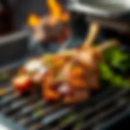 Sizzling lamb liver on a grill with herbs