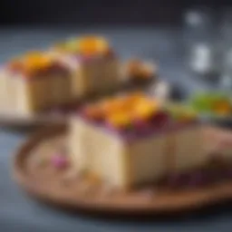 Elegant presentation of lotus semolina halva garnished with edible flowers