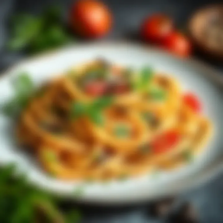 A plate of pasta garnished with fresh herbs