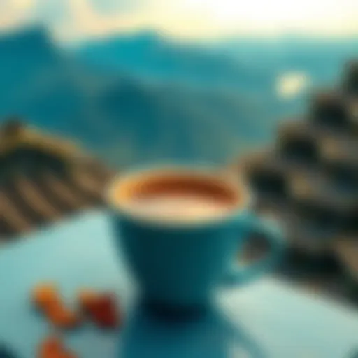 A captivating coffee cup perched on a scenic balcony overlooking mountains