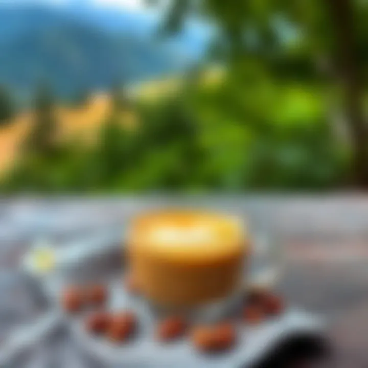 A beautifully arranged coffee setup with a natural landscape background