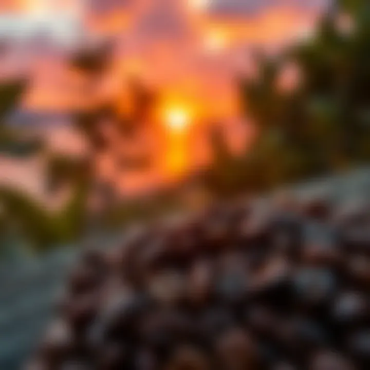 A close-up of coffee beans with an enchanting sunset view