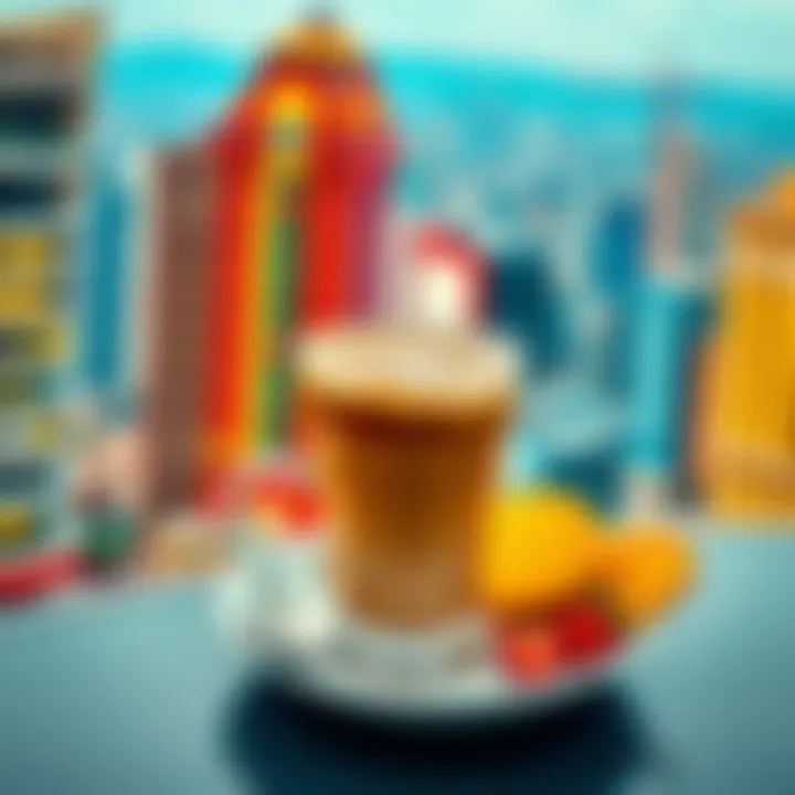 An elegant coffee presentation framed by a vibrant cityscape
