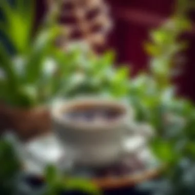 Serene Enjoyment of Menengiç Coffee A serene setting with a steaming cup of Menengiç coffee amidst green plants