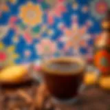 A rich cup of Menengiç coffee with traditional Turkish motifs in the background