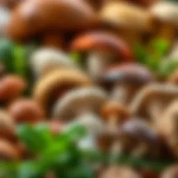 Close-up view of various mushroom types arranged artistically