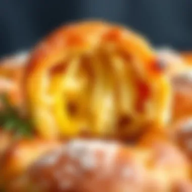 A close-up of the flaky texture of Peynirli Tepsi Poğaçası, revealing its delicious cheese interior.