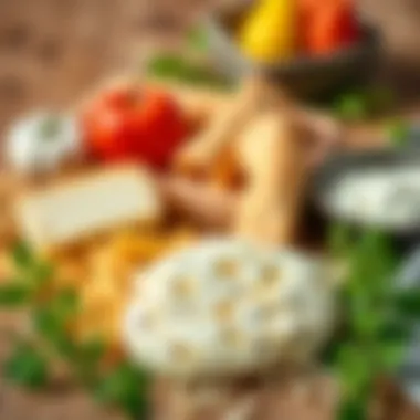 An elegant display of various ingredients used in Peynirli Tepsi Poğaçası, including cheese and dough.