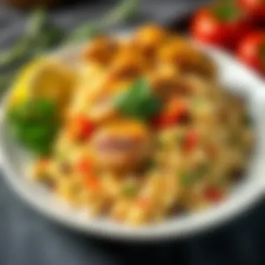 Presentation of Chicken Pilaf with Herb Garnish A beautifully plated chicken pilaf garnished with herbs